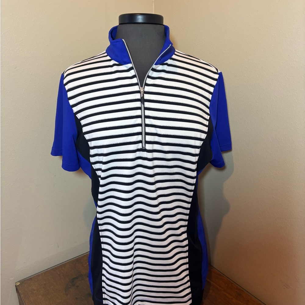 Chicos Zenergy Golf Stripe 1/4 zip stripe top, royal blue, black, silver, large